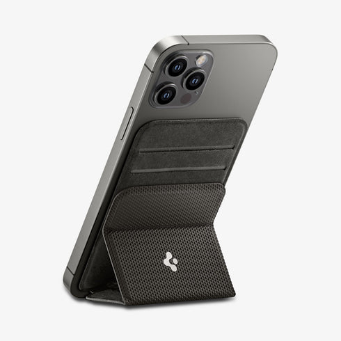AMP02835 - Universal Card Holder Smart Fold in gunmetal showing the front attached to the back of a device